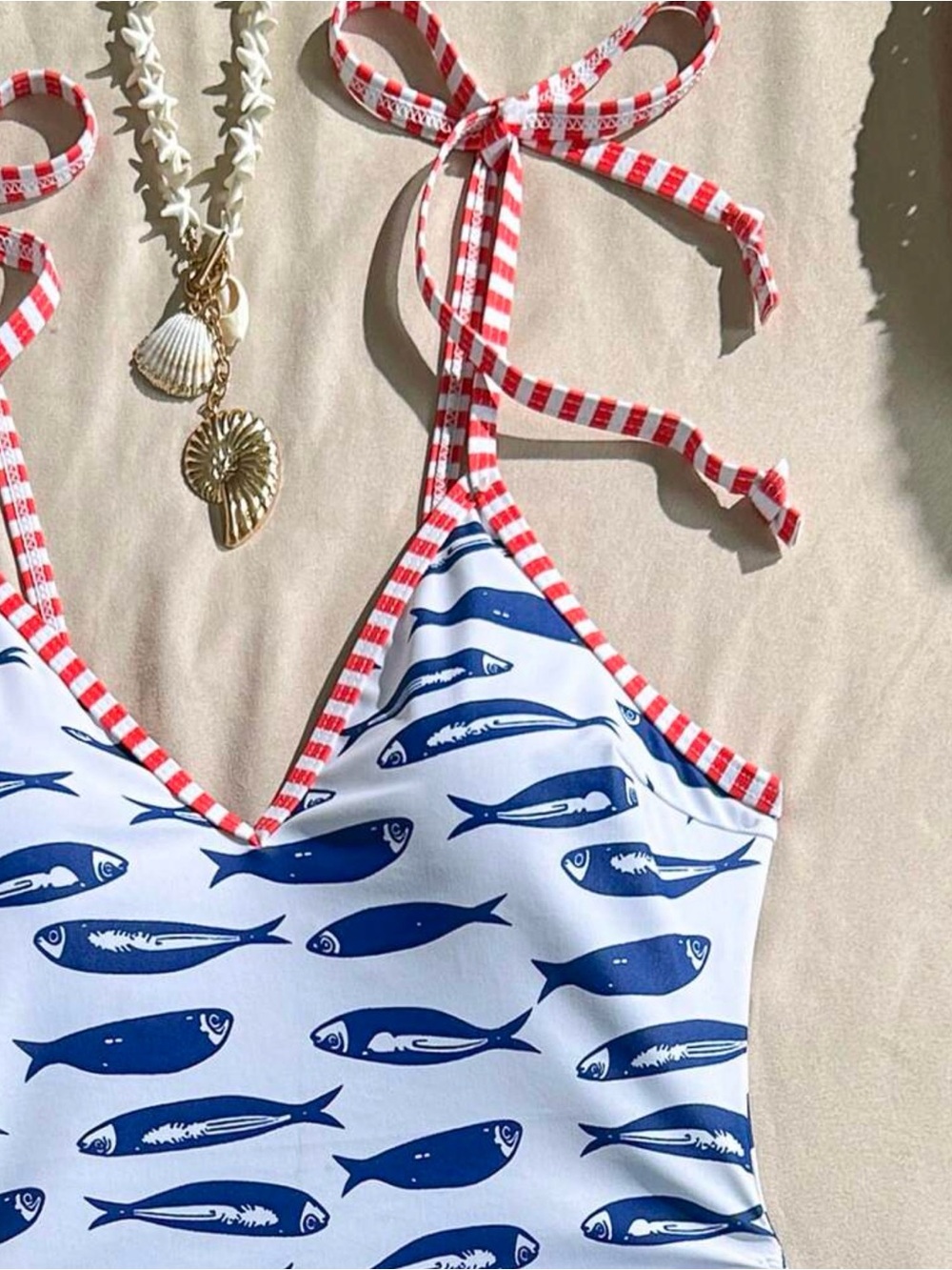 Navy Fish Print One-Piece Swimsuit with Red Stripe Trim - Picture 3 of 4